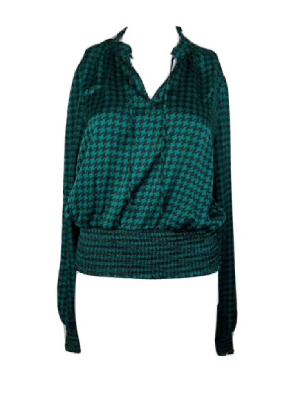 Tamara H Women’s Teal Houndstooth V-Neck Long-Sleeve Blouse